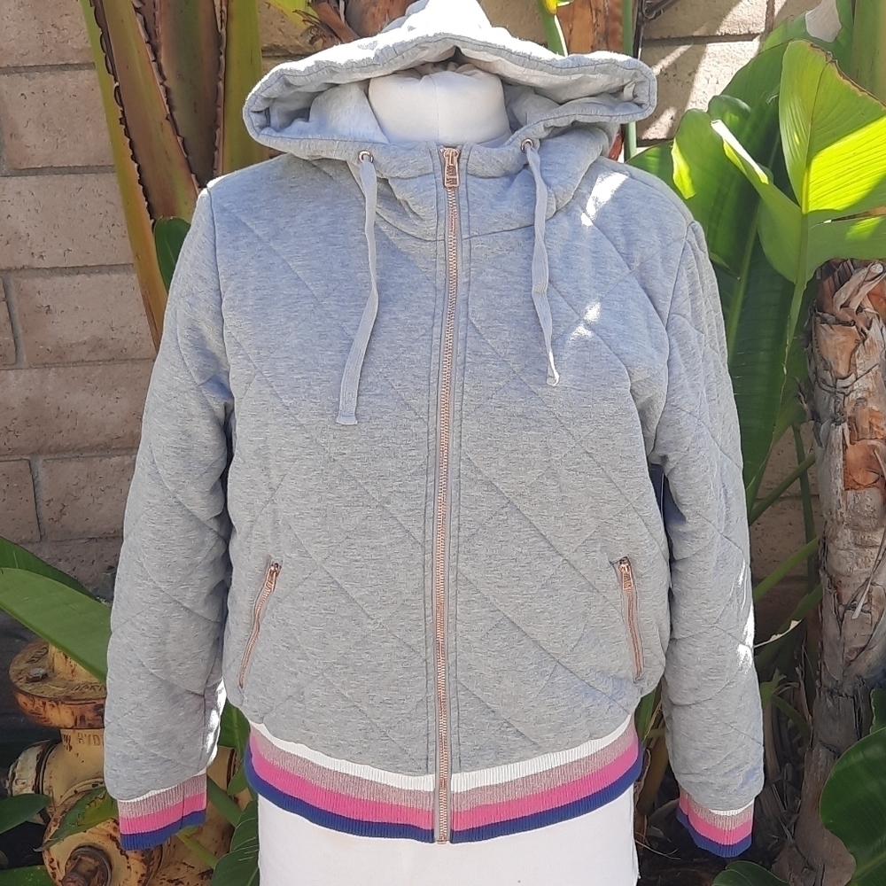 Spiritual Gangster Aspen Quilted Hoodie Puffer Jacket Gray Stripe Trim Size S
